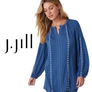 J. Jill long sleeve blue embroidered peasant blouse size L Petite Boho Whimsical